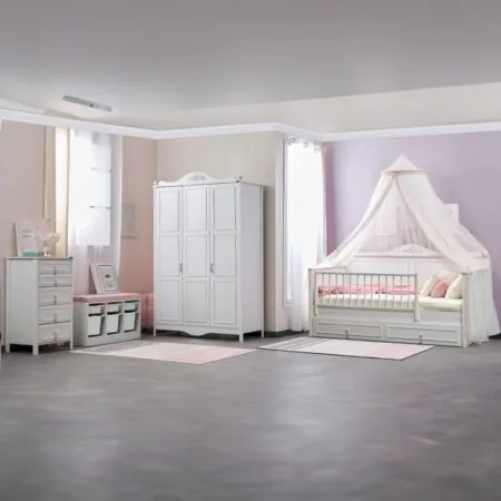 Alya baby base set for kids' rooms, including a desk and wardrobe, designed for functionality.