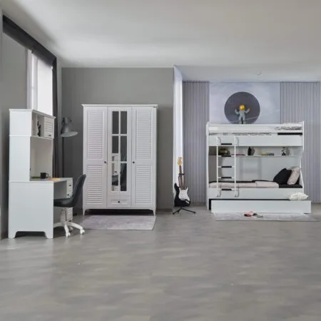Luxury white baby room set with kids’ desk furniture, ideal for creating a sophisticated space.
