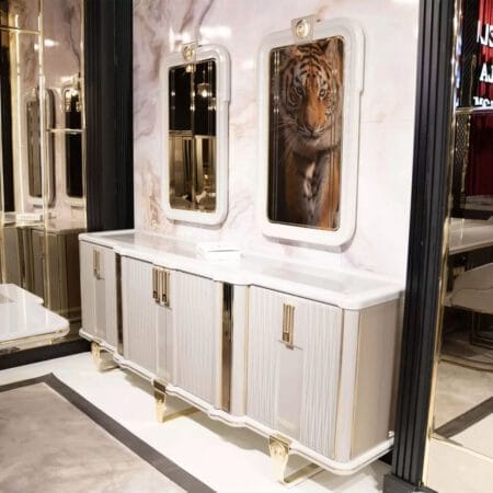 Modern Versace dining set in London for sleek, upscale dining experiences.