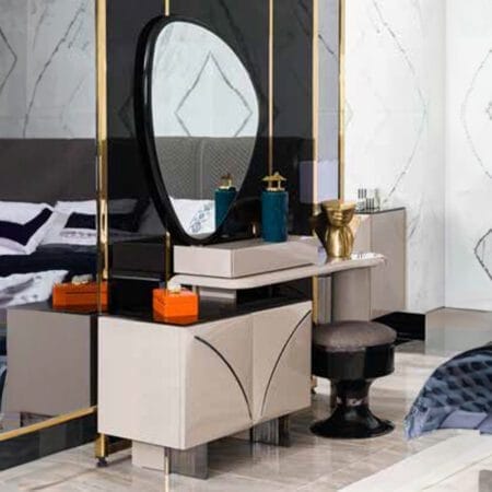 Helsinki vanity table with mirror, designed with sleek lines and functional drawers.