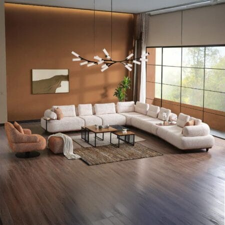 Luxury corner sofa set, Dorian cream-orange corner brightens stylish interiors.