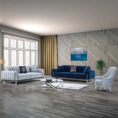 Luxury contemporary sofa set, Valens grey blue design mixes comfort with flair.
