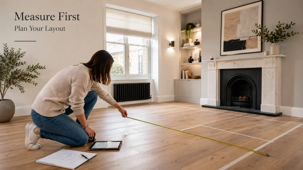 Homeowner measuring a living room before choosing a new sofa