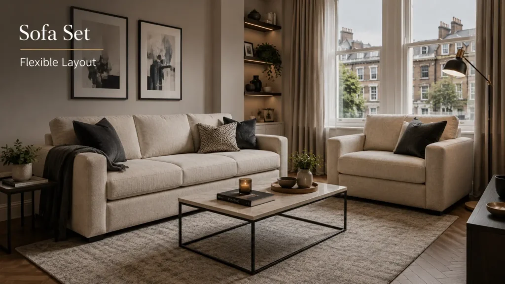 Three-seater sofa and matching armchair in a modern London flat