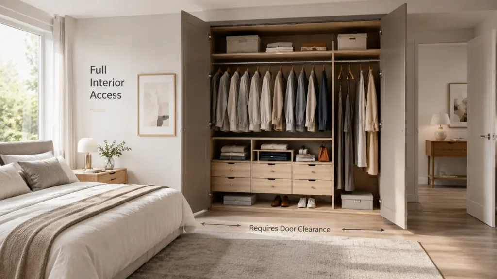Open hinged wardrobe with organised shelves and hanging space