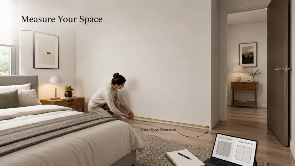 Homeowner measuring bedroom space before choosing a wardrobe