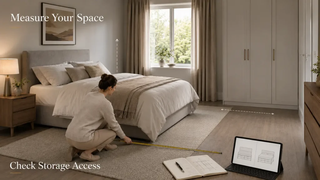 Homeowner measuring bedroom space for an ottoman or divan bed