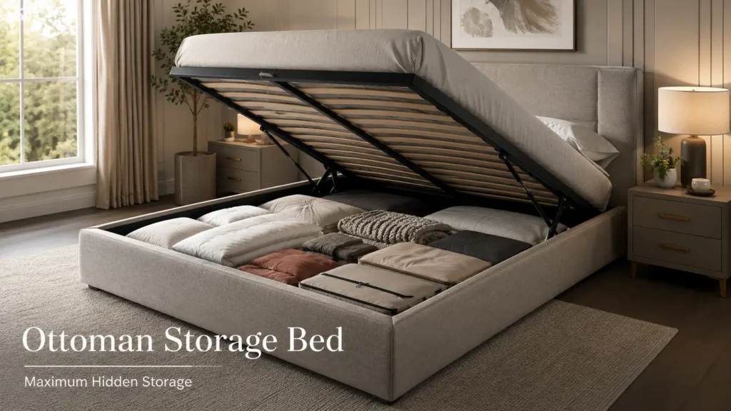 Open ottoman storage bed containing folded bedding and seasonal items