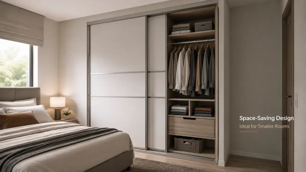 Sliding wardrobe fitted into a compact modern bedroom